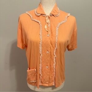 Elegant Peach Orange Lace Trim Blouse